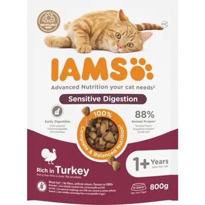 4x IAMS Cat adult Sensitive Digestion Turkey 800 gr