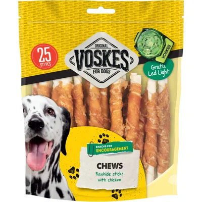 10x Voskes Hondensnacks Original Runderhuid Sticks Kip 25 stuks