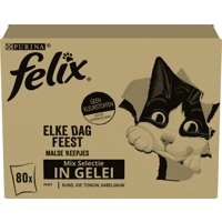 Purina Felix Elke Dag Feest Mix Selectie met tonijn, kabeljauw, rund, kip in gelei natvoer kat (80x85 g) 1 doos (80 stuks)
