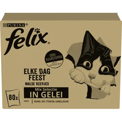 Purina Felix Elke Dag Feest Mix Selectie met tonijn, kabeljauw, rund, kip in gelei natvoer kat (80x85 g) 1 doos (80 stuks)