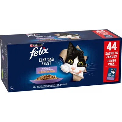 Purina Felix Elke Dag Feest Mix Selectie tonijn, zalm, rund, kip in gelei natvoer kat (jumbopack) per 2 dozen (88 x 85 g)