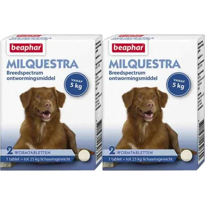 2x Beaphar Milquestra Ontworming Tabletten Hond 5 - 50 kg 2 tabletten