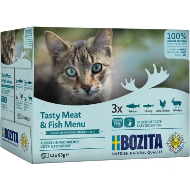 Bozita vlees & vis multipack natvoer kat 1 tray (12 x 85 g)