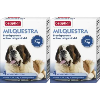 2x Beaphar Milquestra Ontworming Tabletten Hond 5 - 75 kg 4 tabletten