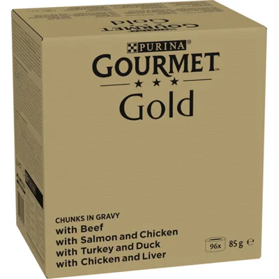 Gourmet Gold Fijne Hapjes in saus met rund, kip-lever, zalm-kip, kalkoen-eend natvoer kat (85 g) 2 x (96x 85 g)