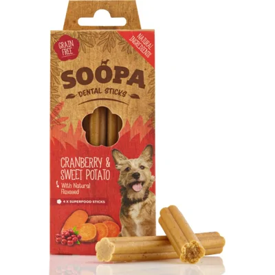 Soopa Dental Sticks met cranberry & zoete aardappel hondensnack Per 3