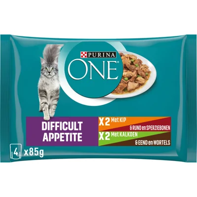 12x Purina ONE Pouch Adult Difficult Appitite Kip 4 x 85 gr