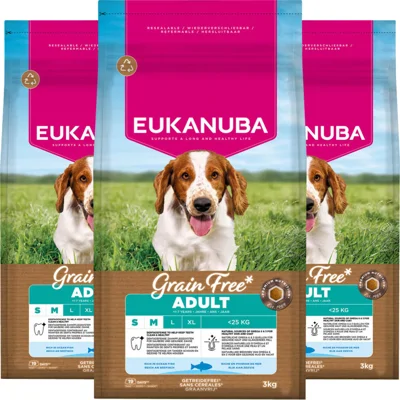 3x Eukanuba Hondenvoer Droog Grain Free Small/Medium Oceaanvis Adult 3 kg