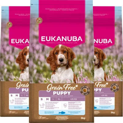 3x Eukanuba Hondenvoer Droog Grain Free Small/Medium Ocean Fish Puppy 3 kg