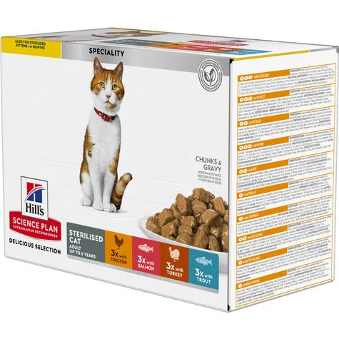 Hill's Science Plan Sterilised Cat Young Adult natvoer Multipack Kip/Zalm/Kalkoen/Forel 12x85g