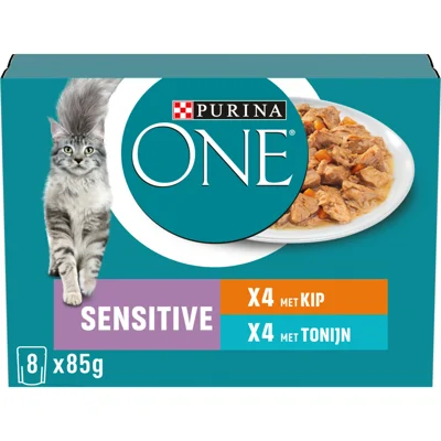 5x Purina ONE Adult Sensitive Kattenvoer Nat Kip&Tonijn 8 x 85 gr