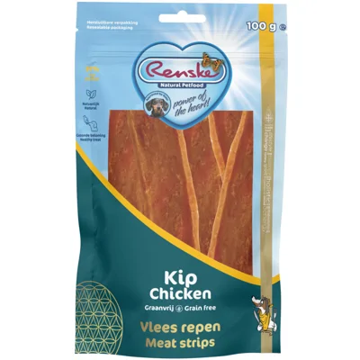 10x Renske Gezonde Beloning Vleesrepen Hondensnack Kip 100 gr