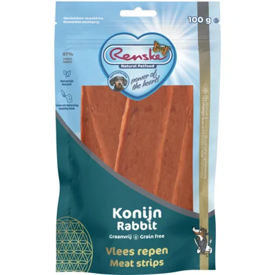 10x Renske Gezonde Beloning Vleesrepen Hondensnack Konijn 100 gr
