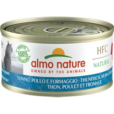 48x Almo Nature HFC Natural Kattenvoer Nat Blikje Tonijn&Kip&Kaas 70 gr