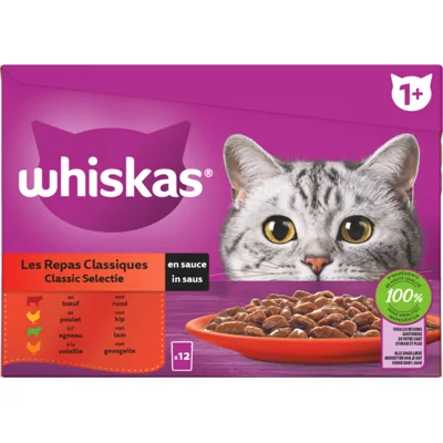 4x Whiskas 1+ Classic Selectie in Saus Maaltijdzakjes Multipack 12 x 85 gr