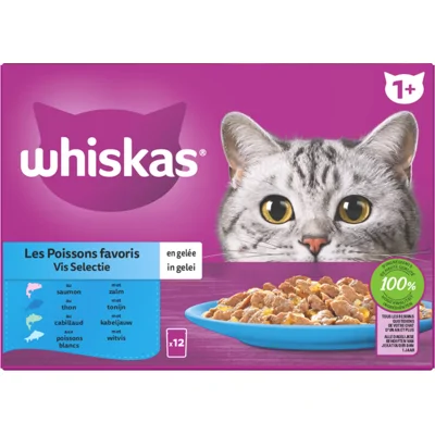 4x Whiskas 1+ Vis Selectie in Gelei Maaltijdzakjes Multipack 12 x 85 gr