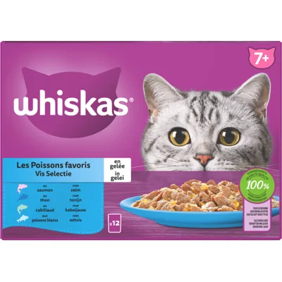 4x Whiskas 7+ Vis Selectie in Gelei Maaltijdzakjes Multipack 12 x 85 gr