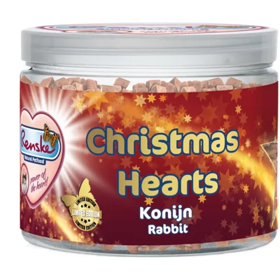 12x Renske Kattensnack Gezonde Beloning Mini Kerst Hartjes Konijn 100 gr