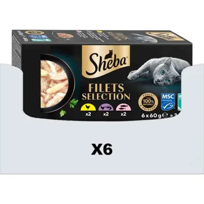 6x Sheba Kattenvoer Nat Filets Kip & Zalm in Saus Multipack 6x60 gr
