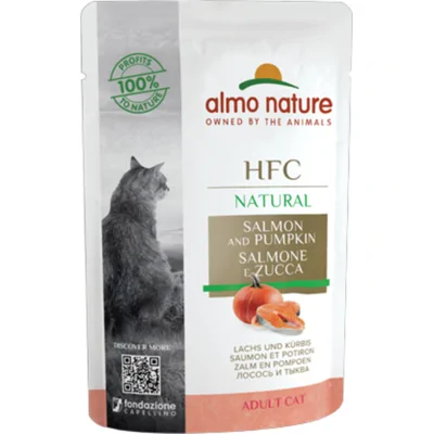 48x Almo Nature HFC Natural Kattenvoer Nat Maaltijdzakje Zalm&Pompoen 55 gr