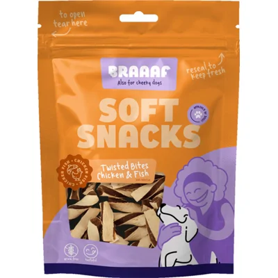 Braaaf Twisted Bites Hondensnack Kip - Vis 85 gr