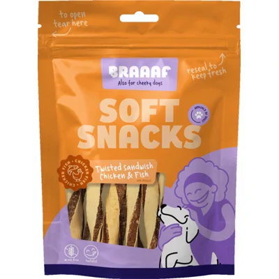 Braaaf Twisted Sandwich Hondensnack Kip - Vis 85 gr