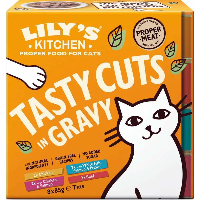 Lily's Kitchen Cuts in gravy kip, zeevis, kip met zalm, rund natvoer kat 24 x 85 g