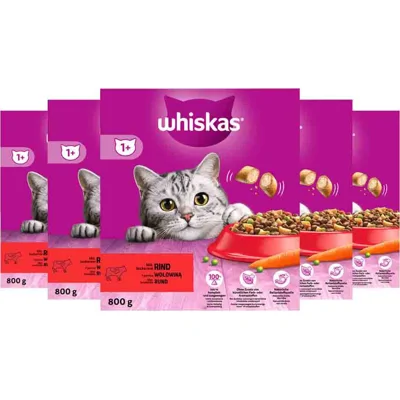 5x Whiskas 1+ Adult Katten Droogvoer Rund 800 gr