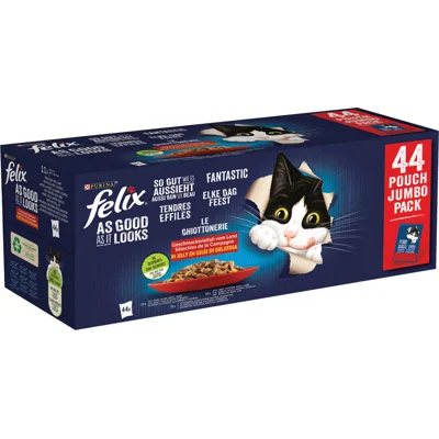 Felix Elke Dag Feest Farm Selectie met rund, kip, eend, lam in gelei natvoer kat (44x85g) 44 x 85 g