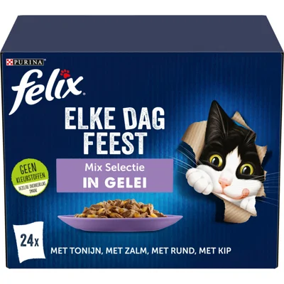 Felix Elke Dag Feest Mix Selectie met tonijn, zalm, rund, kip in gelei kattenvoer (24x85g) 1 x (24 x 85 g)