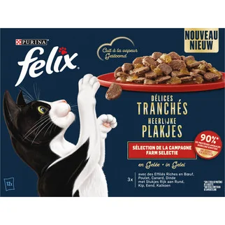 Felix Heerlijke Plakjes Farm Selectie met rund, kip, eend, kalkoen in gelei natvoer kat (12x80 g) 12 x 80 g