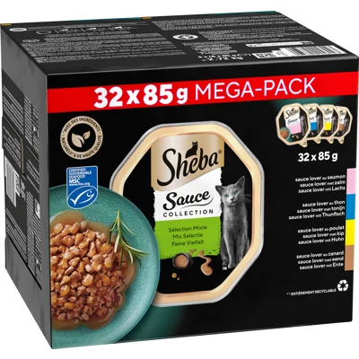 Sheba Sauce Collection Adult Mix Selectie natvoer kat (85 g) 1 verpakking (32 x 85 g)