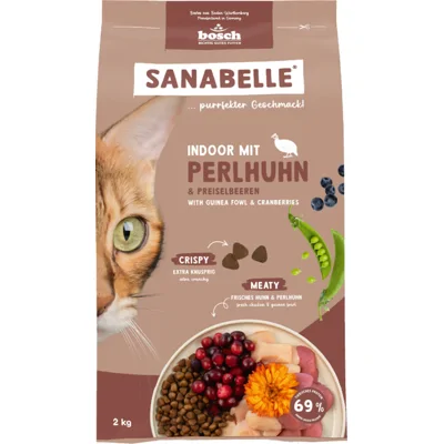 Sanabelle Indoor met parelhoen en cranberries kattenvoer 2 x 8 kg