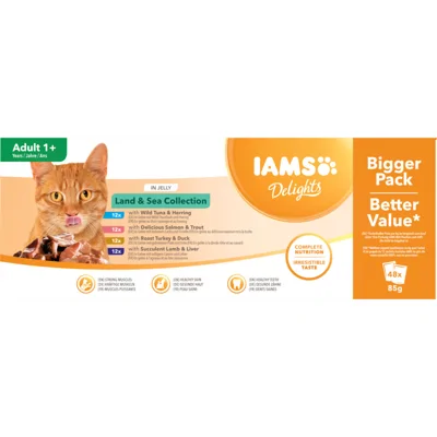 2x IAMS Delights Land - Sea Adult Kattenvoer Nat in Gelei 48 x 85 gr