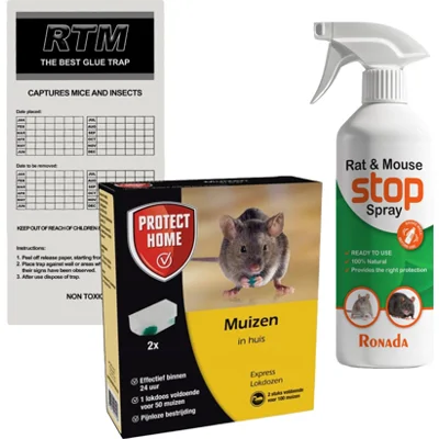 Protect Home Muizengif Bundel Tegen Muizen - 2 lokdozen met gif - 10 muizen lijmplanken - Spray tegen muizen