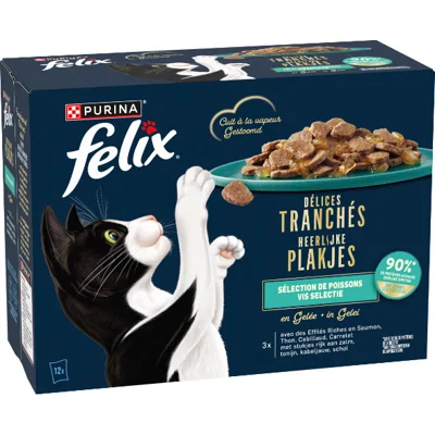 Felix Heerlijke Plakjes Vis Selectie met zalm, tonijn, kabeljauw, schol in gelei natvoer kat (12x80 g) 12 x 80 g
