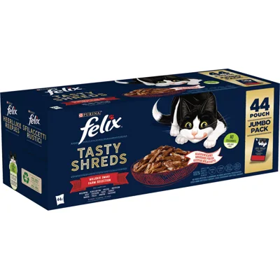 Felix Heerlijke Reepjes Farm Selectie met rund, kip, eend, kalkoen in saus natvoer kat (44x80 g) 2 dozen (88 x 80 g)