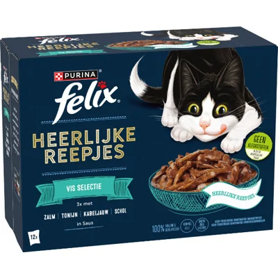 Felix Heerlijke Reepjes Vis Selectie met zalm, tonijn, kabeljauw, schol in saus natvoer kat 4 x (12 x 80 g)