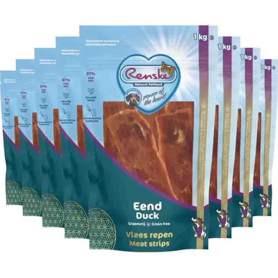 8x Renske Hondensnack Gezonde Beloning Vlees Strip Eend 1 kg
