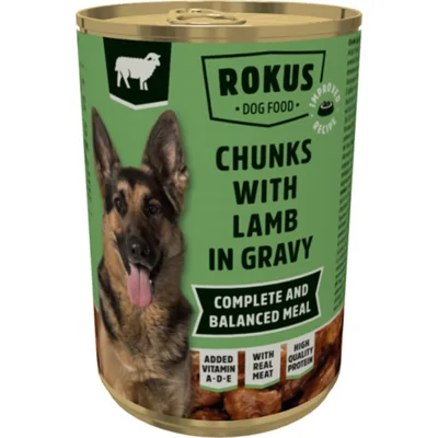 Rokus Hondenvoer Blik Stukjes Lam in Jus 415 gr