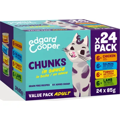 Edgard&Cooper Adult Chunks Kattenvoer Nat Kip&Zalm&Kalkoen&Lam 24 x 85 gr