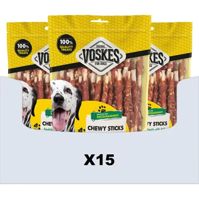 15x Voskes Hondensnack Rawhide Sticks Eend 400 gr