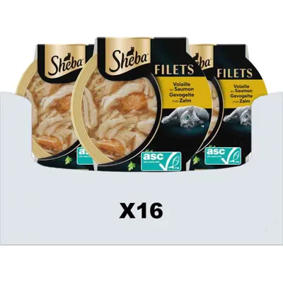 16x Sheba Kattenvoer Nat Filets in Saus Gevogelte en Zalm 60gr